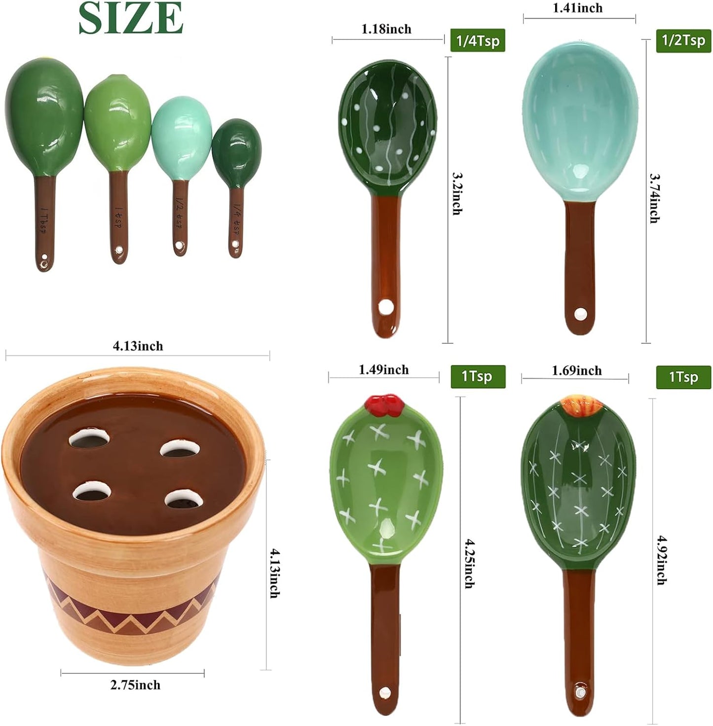 5 Pieces Measuring Spoons Set/Ceramics Spoons and Measuring Base Cup/for Dry and Liquid Ingredient, Cute Cactus Shape (Solid color base)