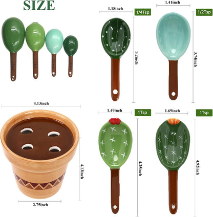 5 Pieces Measuring Spoons Set/Ceramics Spoons and Measuring Base Cup/for Dry and Liquid Ingredient, Cute Cactus Shape (Solid color base)