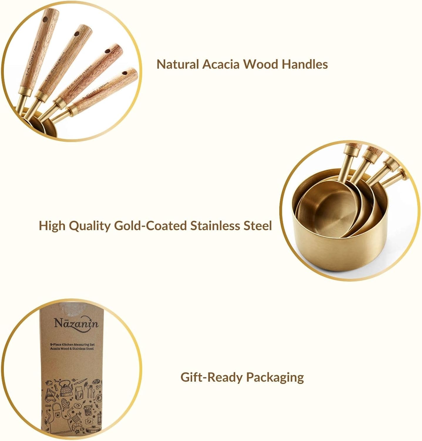 NAZANIN Gold Measuring Cups and Spoons Set with Leveler - 9 Piece Luxury Acacia Wood & Stainless Steel - Aesthetic Kitchen Decor - Professional Baking Tools - Wedding & Housewarming Gift