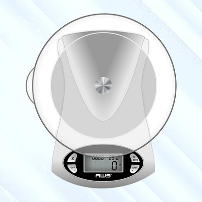 AWS Kitchen Pro 0.1g/0.001oz Precision Food Scale 5kg/11lb Digital Bowl Scale with Tempered Glass, | 2.72L Dishwasher-Safe Bowl, Tare, Timer, Clock & Room Temperature Display | Ultra Cooking Scale