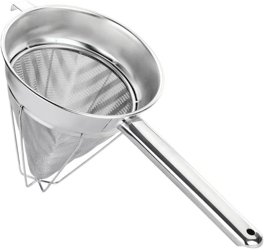 10-Inch Stainless Steel Fine Mesh Chinois Strainer, Large Strainer Reinforced Bouillon Strainer for Sauces, Soups, Purees, Pastes, Jelly, Custard, Curds and etc.
