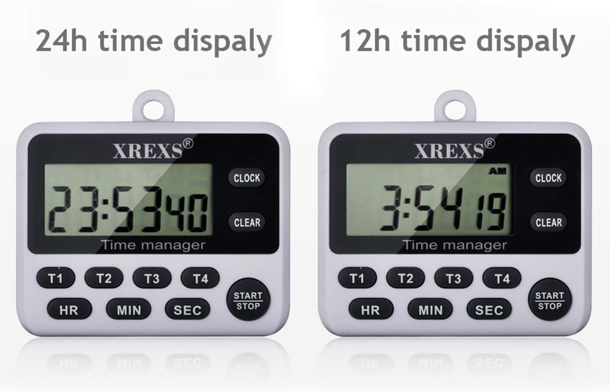 XREXS 4-Channel Digital Kitchen Timer Clock with Large LCD Display, 4 Groups Simultaneous Timing Countdown Up Pocket Timer, Magnetic Attachable (Battery Included)