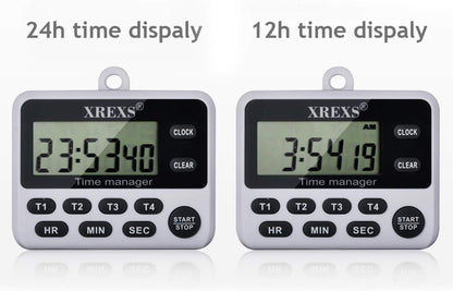 XREXS 4-Channel Digital Kitchen Timer Clock with Large LCD Display, 4 Groups Simultaneous Timing Countdown Up Pocket Timer, Magnetic Attachable (Battery Included)