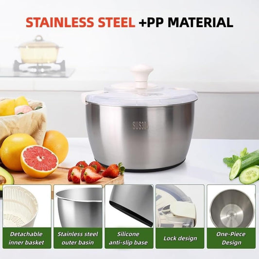 Stainless Steel Salad Spinner, Salad Spinners Large, Lettuce Spinner, with Drainage Basket Drainage Outlet, Used for Cleaning and Drying Vegetables Food and Fruits Quick Spin Vegetable Fruit Spinner
