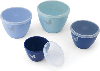 Dolly Parton Prep Bowl Set with Lids, 4 Piece Blue Butterfly Design, Airtight Storage, Mixing and Serving Bowls, Dishwasher Safe, 1 Through 4 Cup Sizes