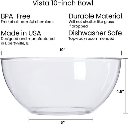 US Acrylic Vista Clear Plastic Salad and Serving 10-inch Bowls | set of 3 | Reusable, BPA-free, Made in the USA | 135 oz. capacity