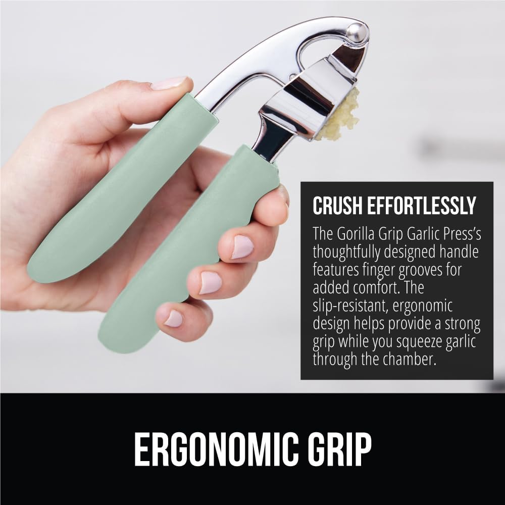 GORILLA GRIP Garlic Press and Peel Set, Heavy Duty Mincer Tool, Large Ergonomic Handle, Easily Mince and Crush Garlics, Ginger, Nuts, Seeds, Peeler Included, Peeling Cloves, Kitchen Gadgets, Red