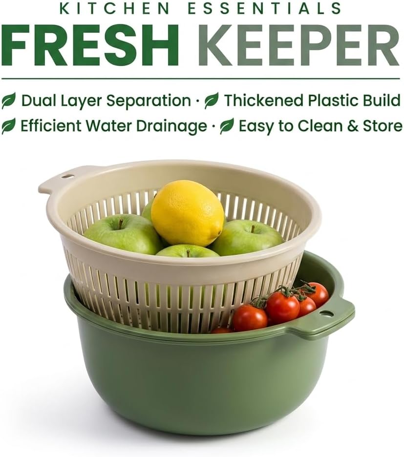 Fruits Vegetables Washing Basket, Double Layer Drain Basket Set for Kitchen Strainer Colander Bowl Cleaning Washing Mixing for Food Fruit Vegetables Pasta Spaghetti（Green）