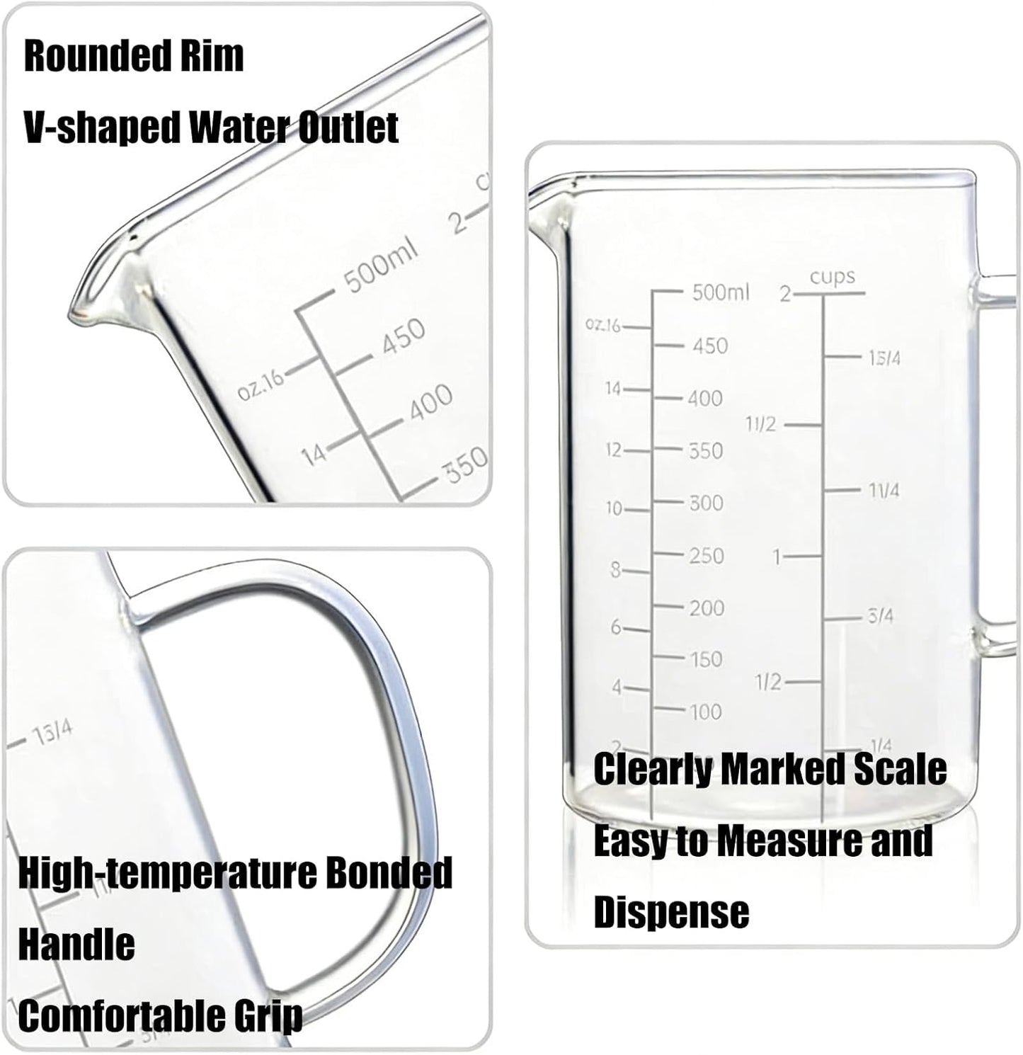 Glass Measuring Cup with Handle, 500 ML High Borosilicate Glass Three Scales (OZ, Cup, ML/CC) easuring Beaker for Kitchen or Restaurant, V-Shaped Spout Glass Measuring Beaker, Easy To Read