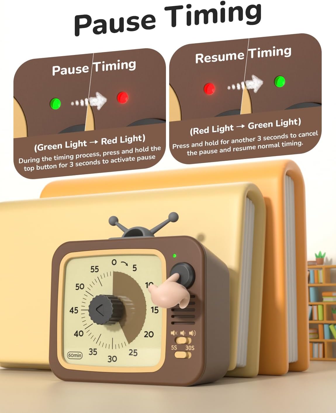 LIORQUE Visual Timer for Kids with Pause Function, 60-Minute Countdown Timers for Classroom Office Kitchen with Silent Operation, Kids Timer for Teaching