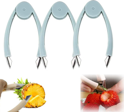 Strawberry Huller Pineapple Eye Remover Tool, Multifunctional Kitchen Gadget Food Grade Stainless Steel Precision Tips Ergonomic Non-Slip Handle for Garlic Peeling, Potato Eye Digging (Blue-3 Pcs)
