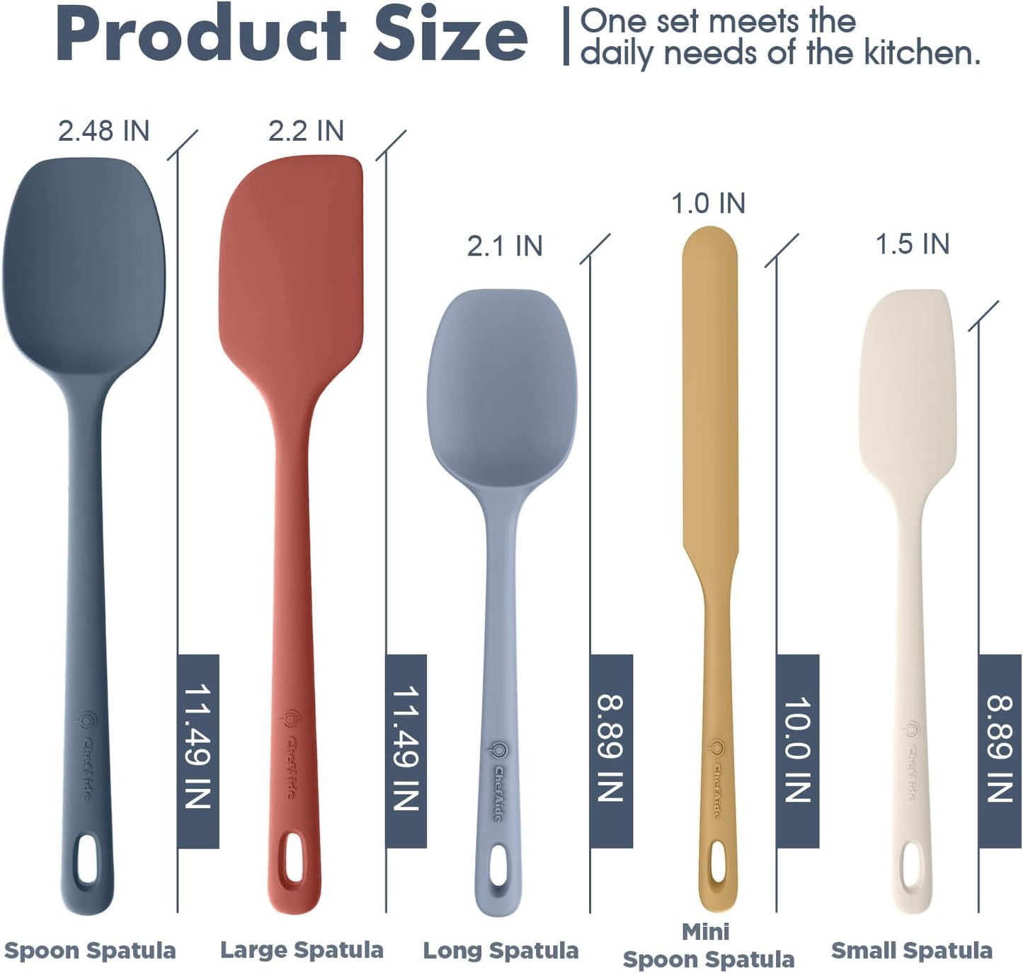 ChefAide 5 Pieces Silicone Spatula Set, Food Grade Rubber Spatula, Upgrade Strong Handle with Ergonomic Grip, Heat Resistant Up to 600°F for Nonstick Cookware, Cooking