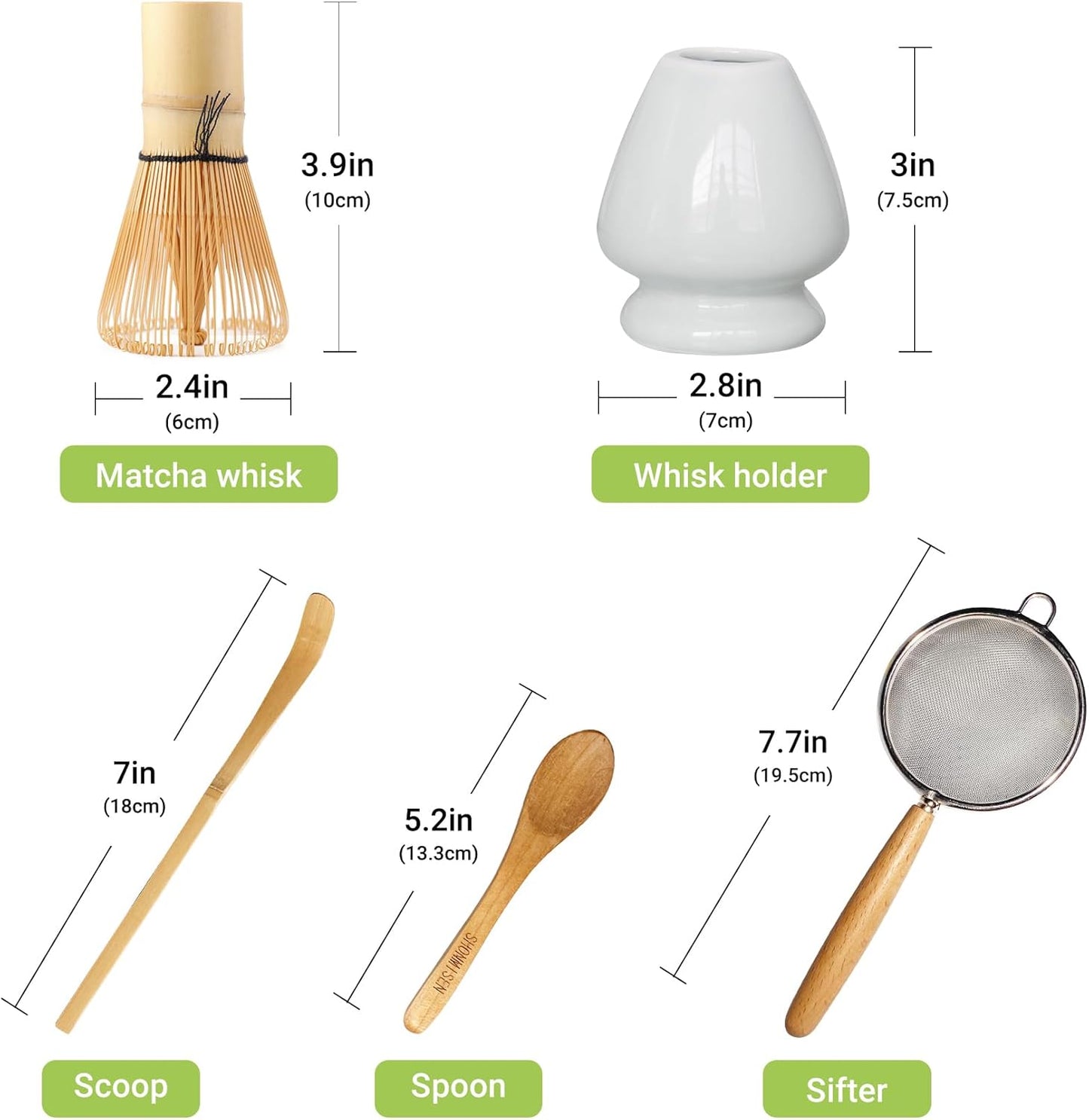 SHONMISEN Bamboo Matcha Whisk Set -Matcha Whisk (Chasen),Whisk Holder(White),Sifter,Tea Scoop and Tea Spoon