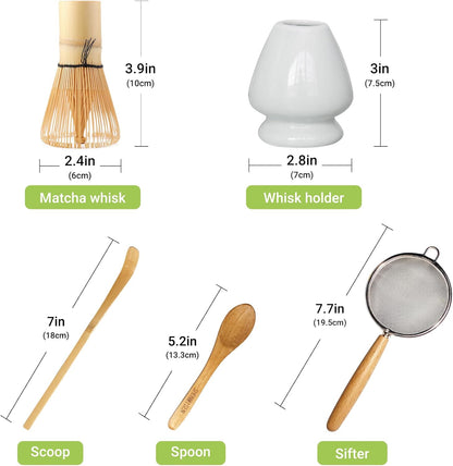 SHONMISEN Bamboo Matcha Whisk Set -Matcha Whisk (Chasen),Whisk Holder(White),Sifter,Tea Scoop and Tea Spoon