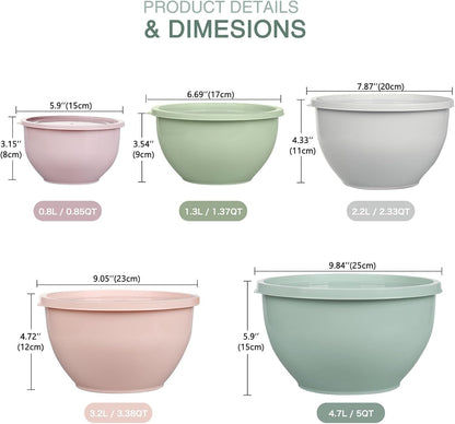Greentainer Plastic Mixing Bowls with Lids Set for Kitchen, 5 Set Nesting Bowls for Mixing, Baking, Prepping, Cooking and Serving Food, Mixing Bowls Dishwasher, Microwave Safe