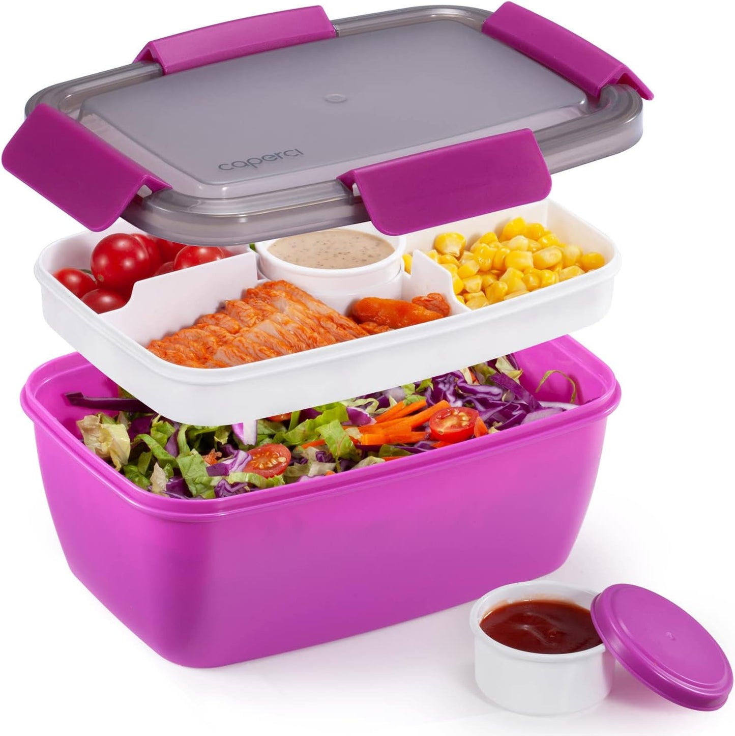 Caperci Large Salad Container Bowl for Lunch - Better Adult Bento Lunch Box 68 oz, 5-Compartment Tray, 2pcs 3-oz Sauce Cups, Stackable, BPA-Free (Navy)