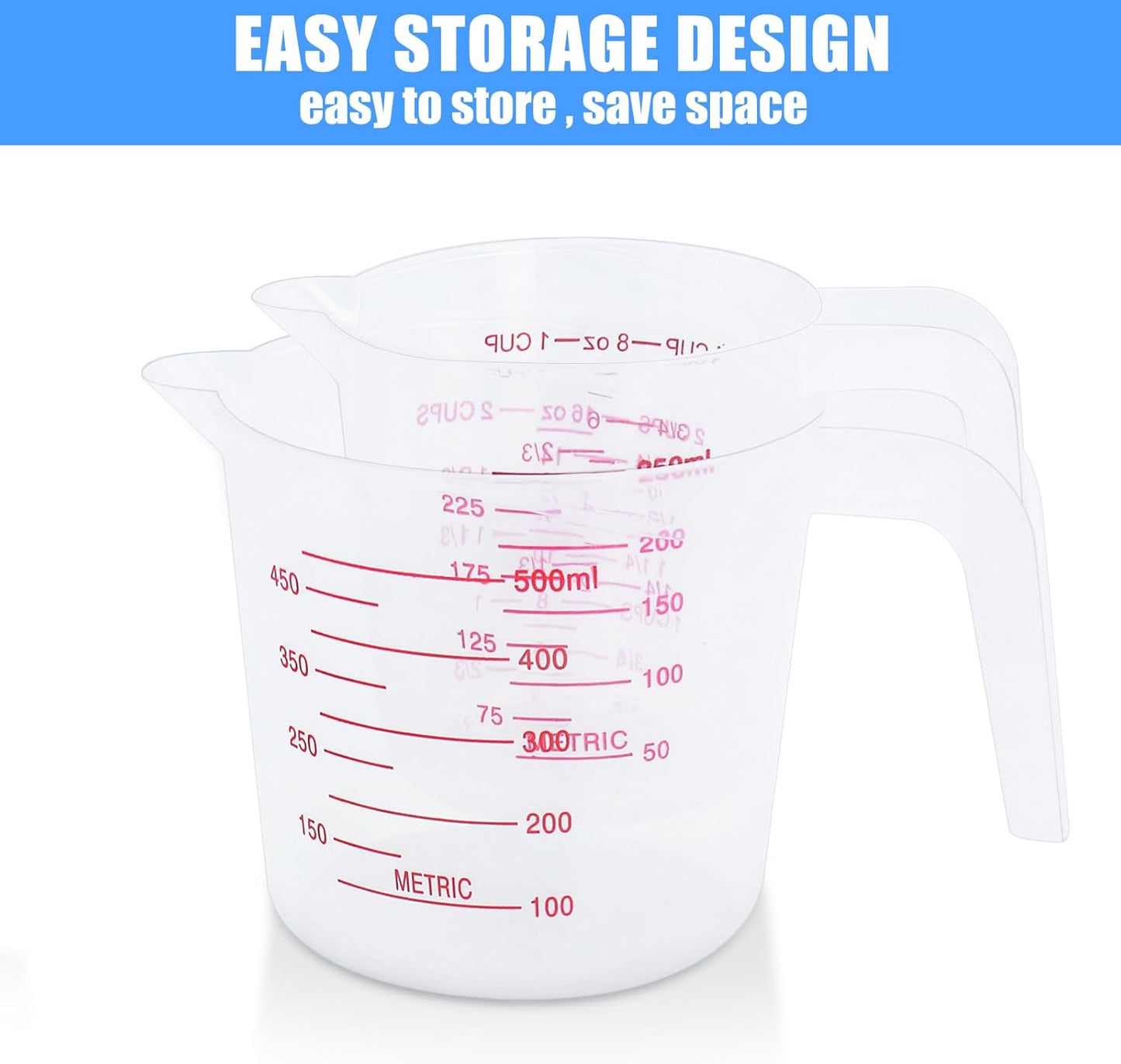 DTDNZKN 2 Pack Measuring Cup Set, Includes 250Ml (1-Cup), and 500Ml (2-Cup) Plastic Liquid Measuring Cups- Baking, Cooking, Mixing & Measuring Cups, Essential Kitchen Tools