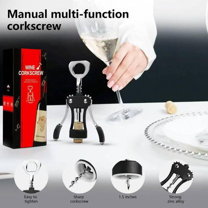 Wine Opener, Zinc Alloy Wine Bottle Opener, Wing Corkscrew Wine Bottle Opener, 2-in-1 Multifunctional Design (black)