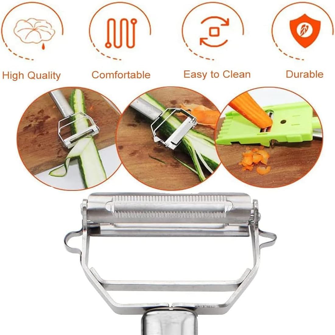 Multi Double Knife Peeler, Multi Peeler Double Blade, Multi Double Knife Peeler with Grating Plate, Julienne Strips for Potato, Orange, Lemon, Fruit, and Vegetable, Vegetable Peeler