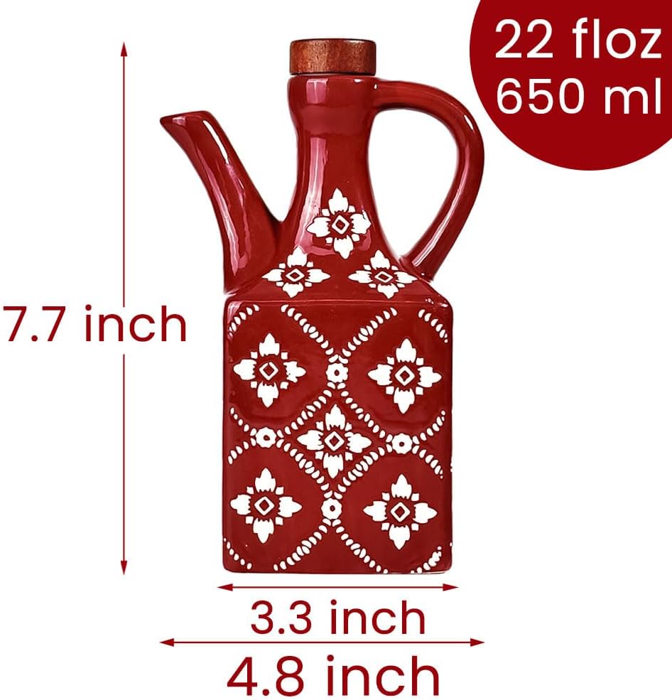 Ceramic Olive Oil Dispenser Bottle, 8.5 oz Decanter for Kitchen with Handle & Wooden Stopper, Green Decorative Oil and Vinegar Dispenser Set, Cooking Oil Container Cruet for Olive, Avocado, Vinegar