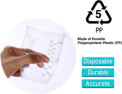 XUXU 100pcs 8oz Graduated Clear Plastic Measuring Cups with 100pcs Wooden Stirring Sticks for Mixing Paint, Pigments, Epoxy Resins, Resins