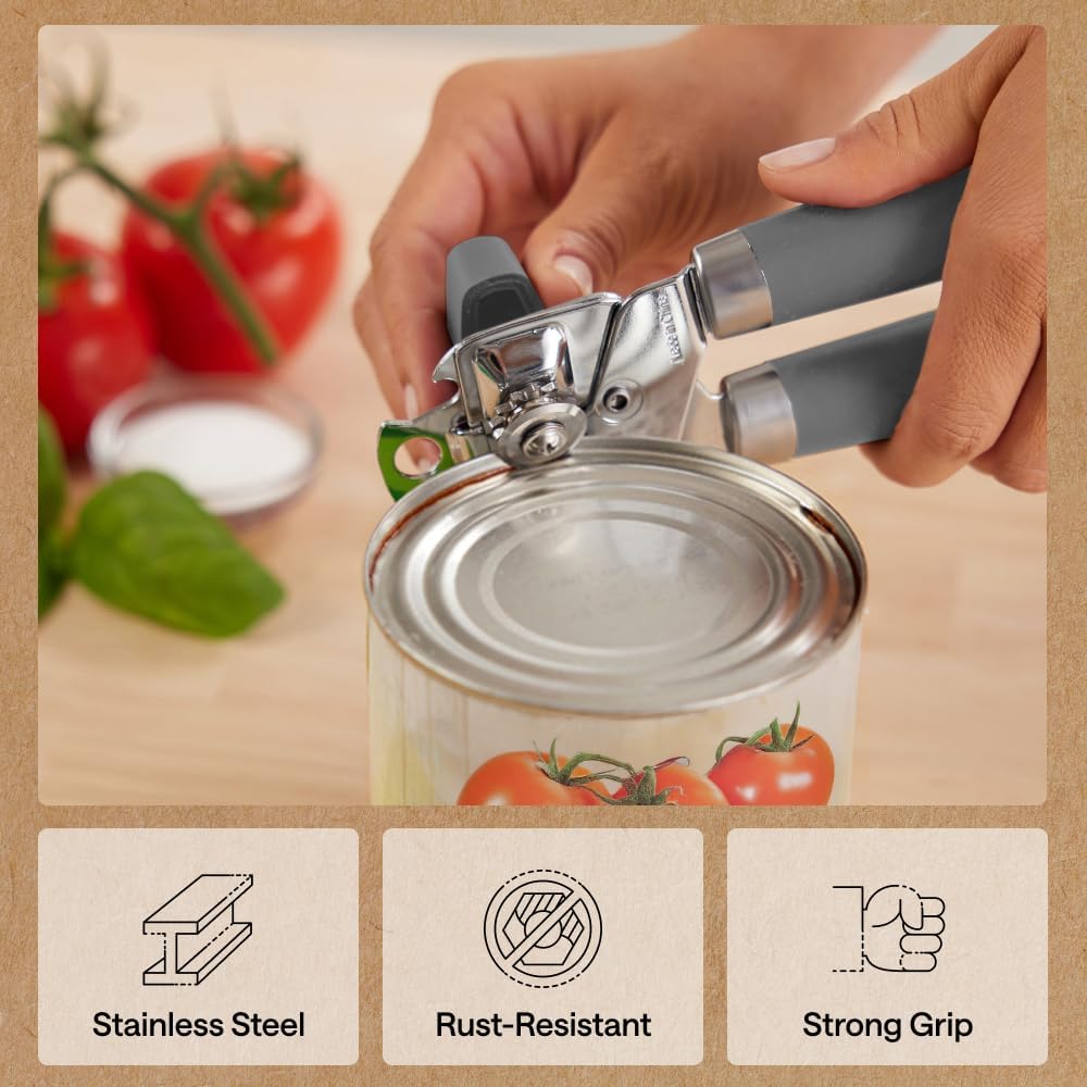 GORILLA GRIP Heavy Duty Stainless Steel Smooth Edge Manual Can Opener and Bottle Openers, US Designed, Soft Comfortable Handle, Oversized Handheld Turn Knob, Multifunctional Kitchen Tool, Black