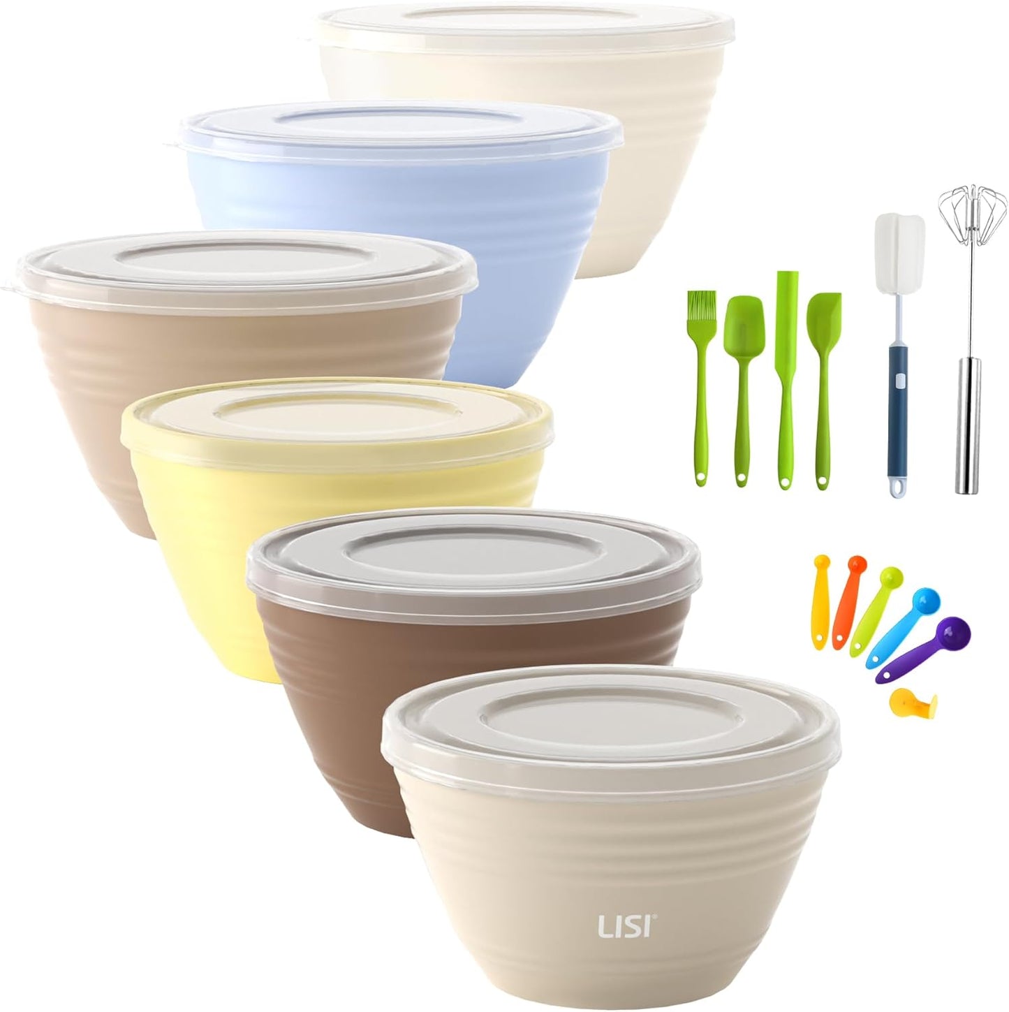 LISI 23Pcs Mixing Bowls Set with Lids, Airtight BPA-Free Nesting Bowls for Mixing, Baking, Cooking & Storage, Dishwasher Safe Serving Bowl, Includes Spatula, Spoons, Brush & Whisk