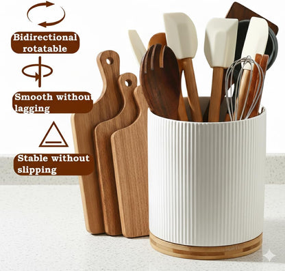 Utensil Holder, 360° Rotating Extra Large Ceramic Kitchen Utensil Holder for Countertop 7.3“ Cooking Utensil Crocks for Kitchen Counter with Rotatable Wooden Base, Farmhouse Decor, White