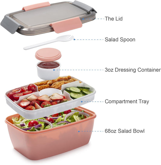Freshmage Large Salad Container for Lunch, 2 Packs 68oz Salad Bowls with 5 Compartments, Salad Dressings Container for Salad Toppings, Snacks, Men, Women (Pink+Blue)