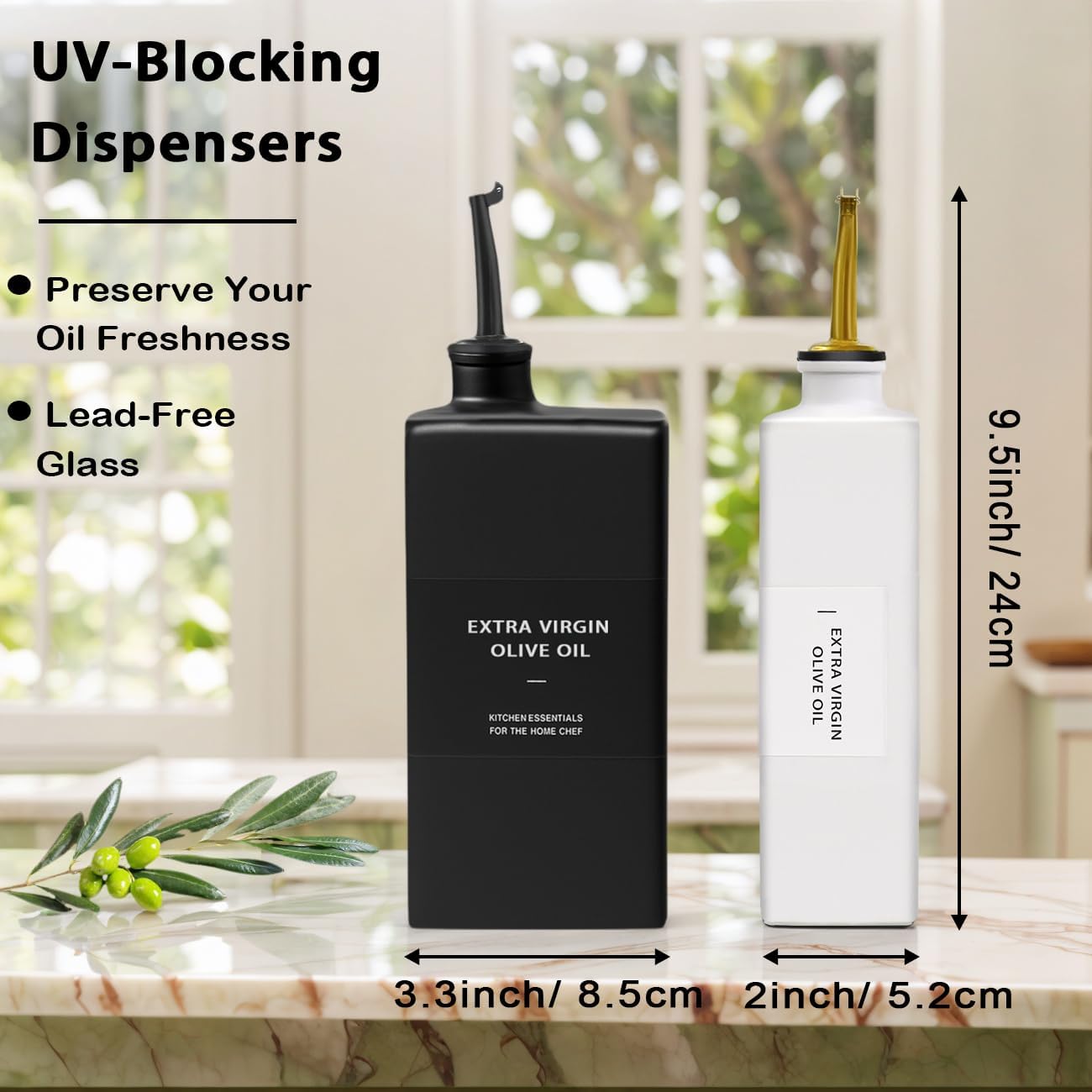 Olive Oil Dispenser Bottle for Kitchen 16.9oz, UV-Blocking Oil and Vinegar Dispenser Set, Soy Sauce Dispenser, Space Saving Design for Countertop (Green, 2pcs)