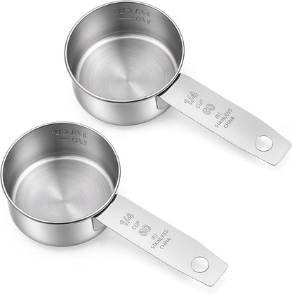 2 Pcs 1/4 Cup Scoop Metal Measuring Cups (60 ml / 2 oz) Stainless Steel Coffee Scoop 1/4 Tsp for Dry and Wet Ingredients, Liquid, Pet Food(Dishwasher Safe)