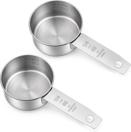 2 Pcs 1/4 Cup Scoop Metal Measuring Cups (60 ml / 2 oz) Stainless Steel Coffee Scoop 1/4 Tsp for Dry and Wet Ingredients, Liquid, Pet Food(Dishwasher Safe)