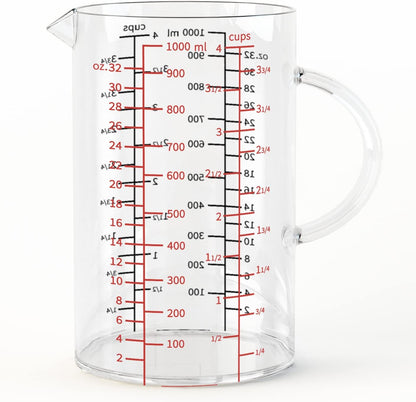 77L Glass Measuring Cup, [Insulated handle, V-Shaped Spout], High Borosilicate Glass Measuring Cup for Kitchen or Restaurant, Easy To Read, 500 ML (0.5 Liter, 2 Cup)