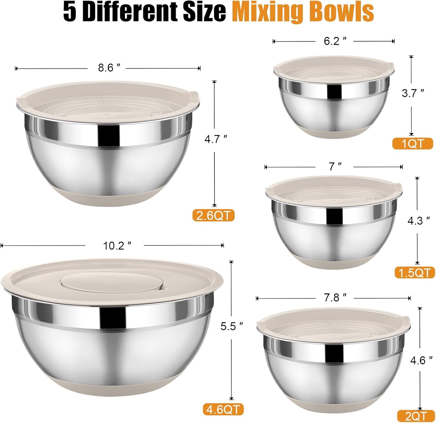P&P CHEF Mixing Bowl with Lid Set, 5 Piece Stainless Steel Mixing Nesting Bowls for Salad Storage, 3 Grater Attachments & Non-Slip Bottoms, Size 1/1.5/2 / 2.6/4.6 QT, Multicolor