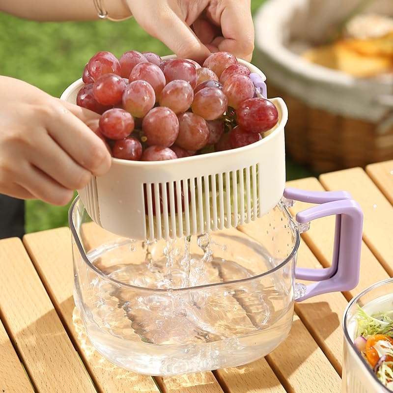Fruit and Salad Washing Bowl with Strainer,Colander for Kitchen,Multi-Functional Vegetable and Food Drainer with Lid, Handle and Fork,Portable Fruit and Salad Containers for Fridge,BPA Free，Strawberry