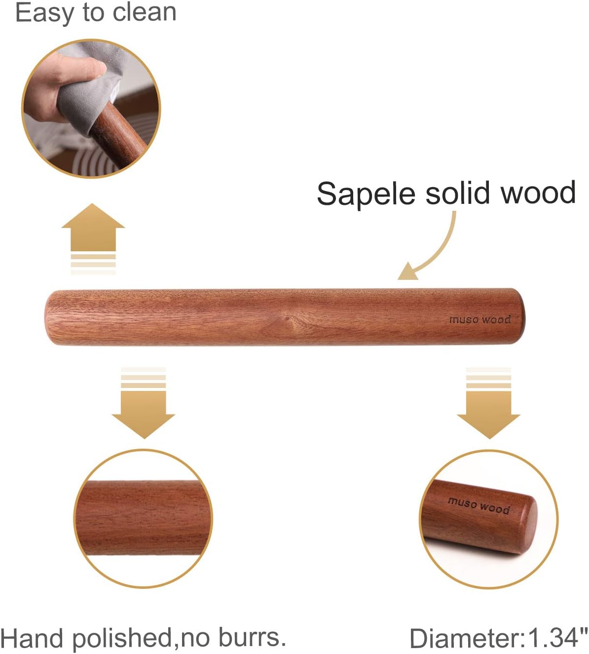 Muso Wood Small Rolling Pin for Baking,Wooden Rolling Pin 11 inches for Fondant, Pie Crust, Cookie, Pastry, Dough-Easy to Clean(Sapele)
