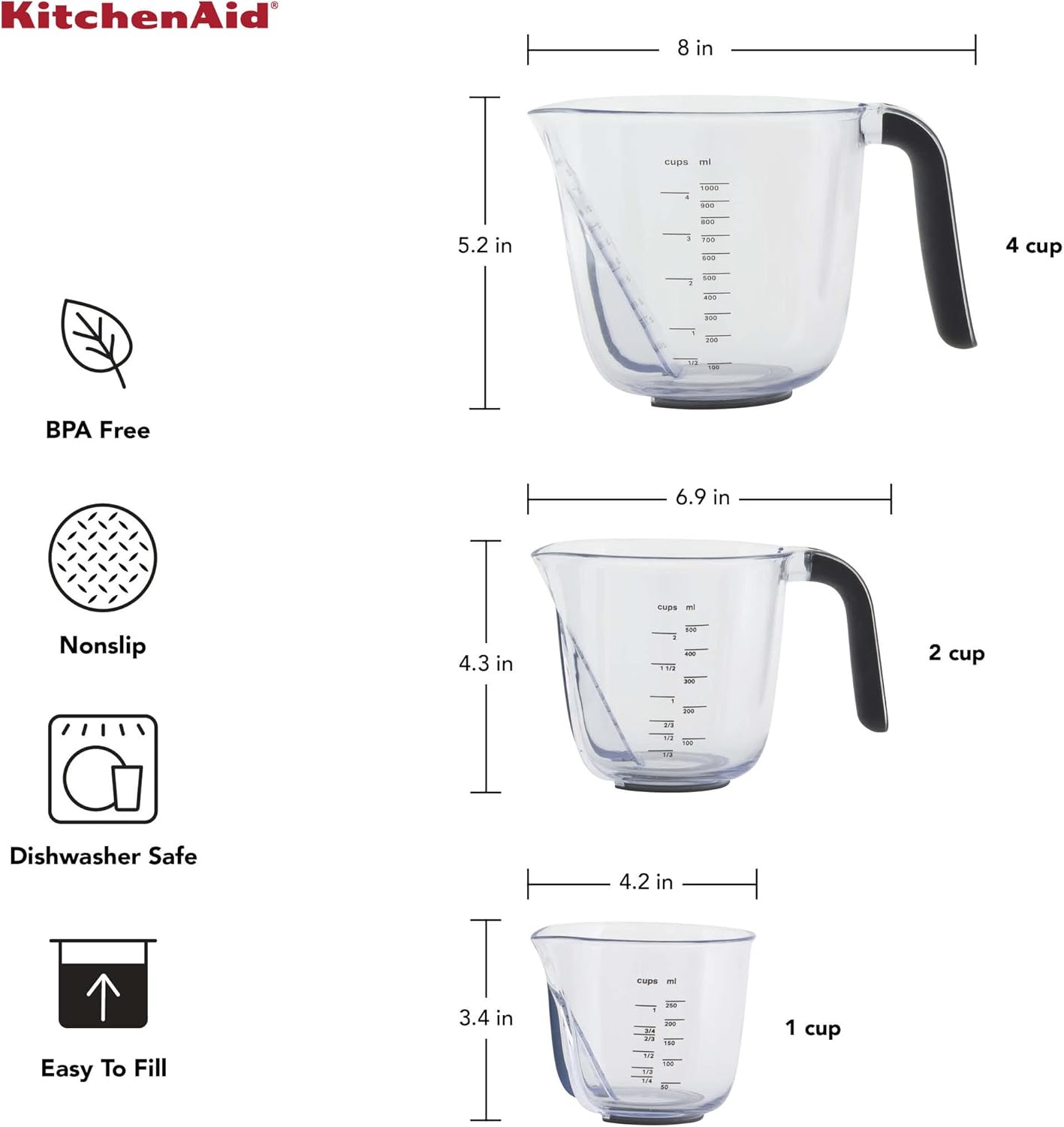 KitchenAid KQ298OSOBA Gourmet Set of 3 Measuring Jugs, Onyx