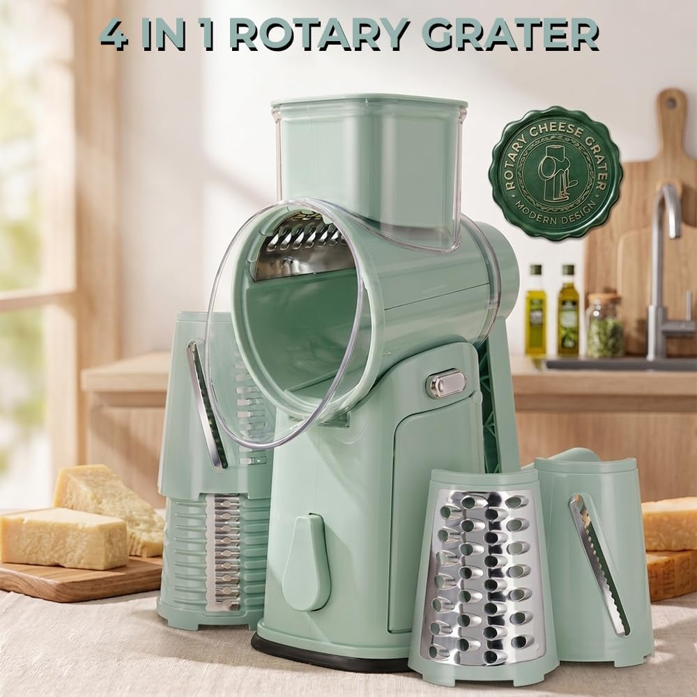 Rotary Cheese Grater Hand Crank, 10-Blade Shredder with Handle, Vegetable Slicer Mandoline Food Chopper, Strong Suction Base Kitchen Gadget for Cheese Vegetables Nuts – Green