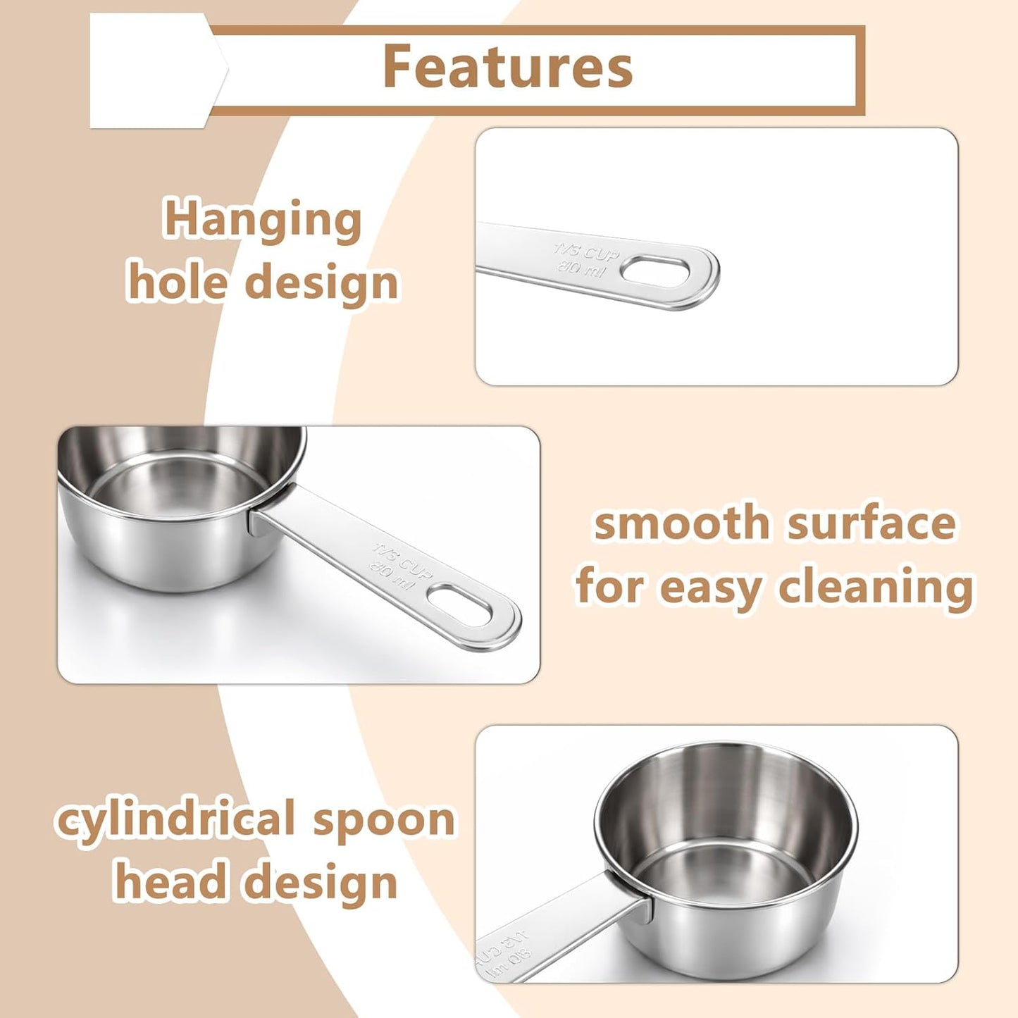 4 Pcs 1/3 Cup Scoop 80 ml Stainless Steel Measuring Cups Coffee Food Scoop for Liquid, Kitchen Wet and Dry Ingredients, Baking