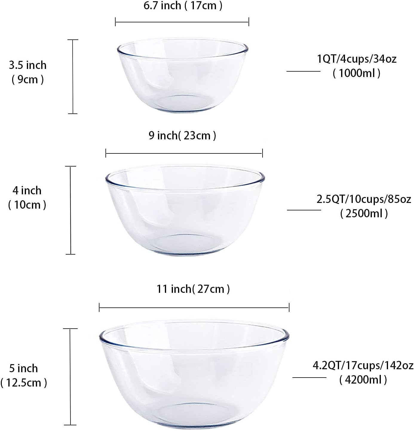 Glass Mixing Bowl Set with Airtight Lids for Kitchen Baking Prepping, Serving, Cooking 0.6QT, 1.1QT, 2.2QT, 4QT Salad Bowl Set with Lids, Dishwasher and Microwavable Safe