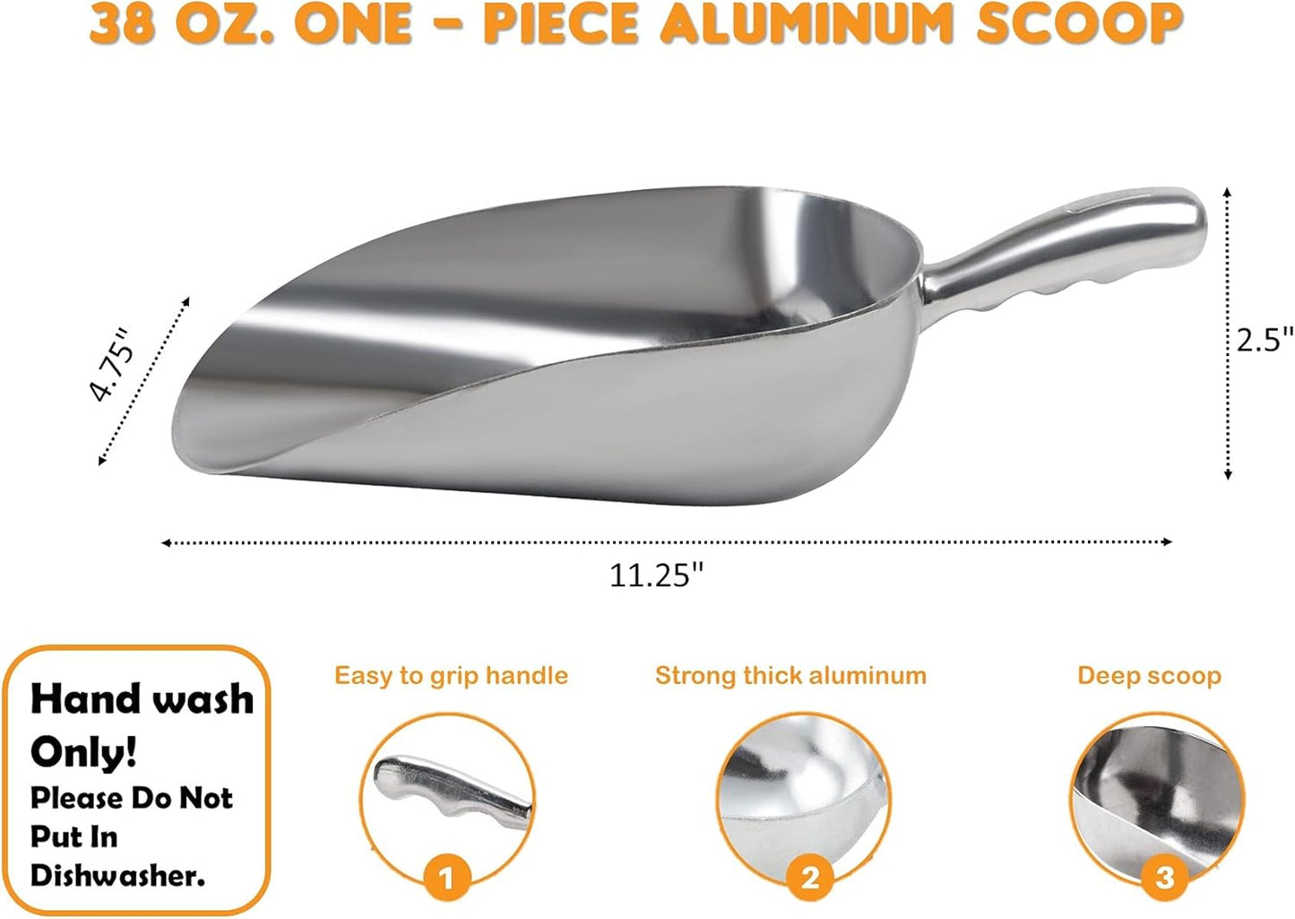 Cast Aluminum Utility Scoop, 5-Ounce - Round Bottom, Small ice scoop For Multi-Purpose Use, With Finger Groove Handle (Hand Wash Only) 5 oz.