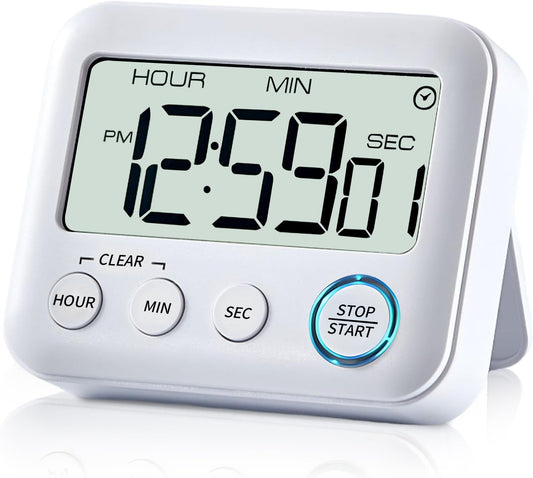 Digital Kitchen Timer Alarm Clock for Cooking, Large LCD Display Multi-Function, Strong Magnetic with Loud Alarm, Digital Timer for Kids,Teachers,Classroom, Exercise or Work (White)