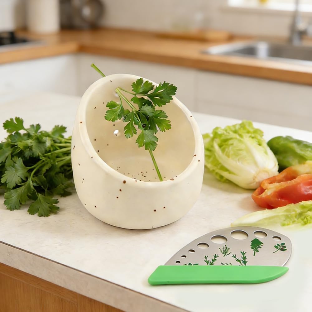 Herb Stripper Bowl, Ceramic Herb Peeling Bowl, Kitchen Herbs Leaf Stripping Tool, Pottery Herbs Peeler with 9-Hole Stainless Steel Peeler for Kale,Thyme,Basil,Rosemary Stripper