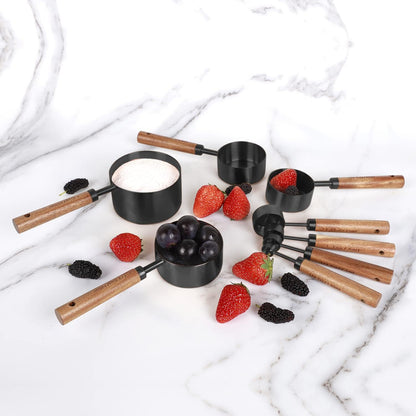 8-Piece Black Measuring Cups and Spoons Set, Stainless Steel Kitchen Measuring Set with Acacia Wood Handles for Baking and Cooking