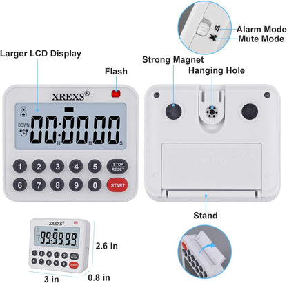 XREXS Digital Kitchen Timer Magnetic Countdown Up Cooking Loud Alarm and Mute Optional, Magnet and Stand, Large Display Classroom Timer for Teachers (2 Batteries Included) Upgraded Version
