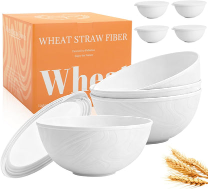 Wheat Straw Bowls Set with Lids, Unbreakable 40 OZ Cereal Bowls Set of 4, Salad Container for Lunch, Microwave & Dishwasher Safe Bowl Set for Kitchen, Picnic, RV, Camping, Multi