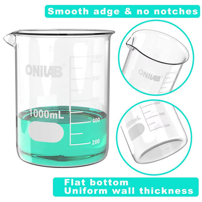 ONiLAB Glass Measuring Beaker Set 50ml 100ml 250ml 500ml 1000ml(Pack of 5) 3.3 Boro Griffin Low Form with Printed Graduation Scientific Glassware for Laboratories, Classrooms or Home Use