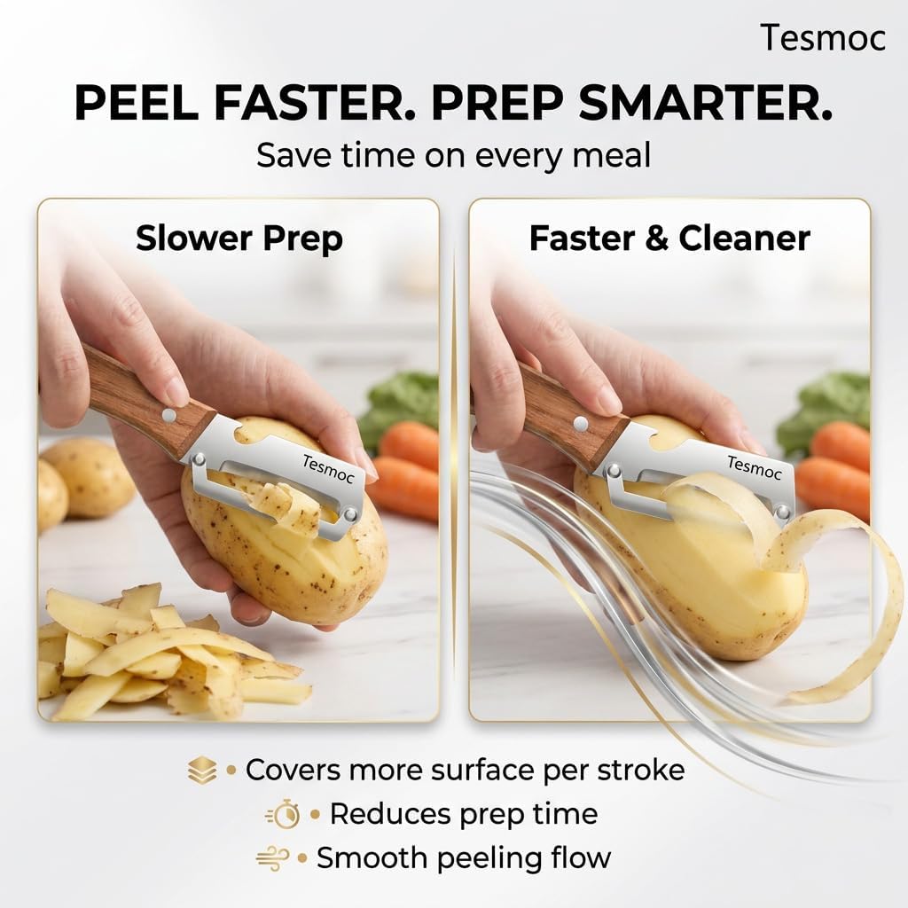 Multifunctional Vegetable Peeler for Kitchen, 2 Pack Stainless Steel Veggie Peeler Knife with Wooden Handle & Bottle Opener for Potato, Cucumber, Orange, Pineapple (2)