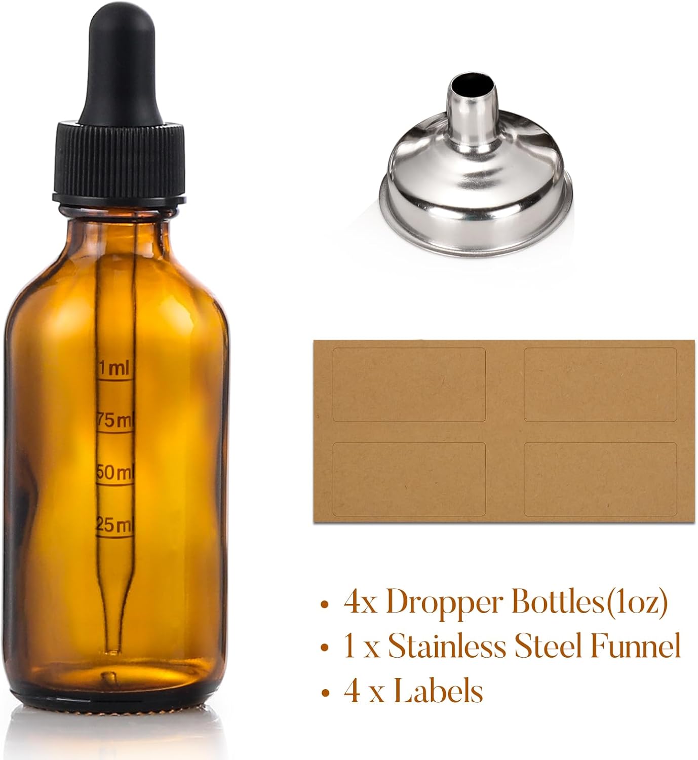 4 Pack, 1 oz Thick Dark Amber Glass Dropper Bottles with 1 Funnels & 4 Labels - 30ml Tincture Bottles with Eye Dropper - Leakproof Essential Oils Bottle - Storage and Travel for Beauty or Health