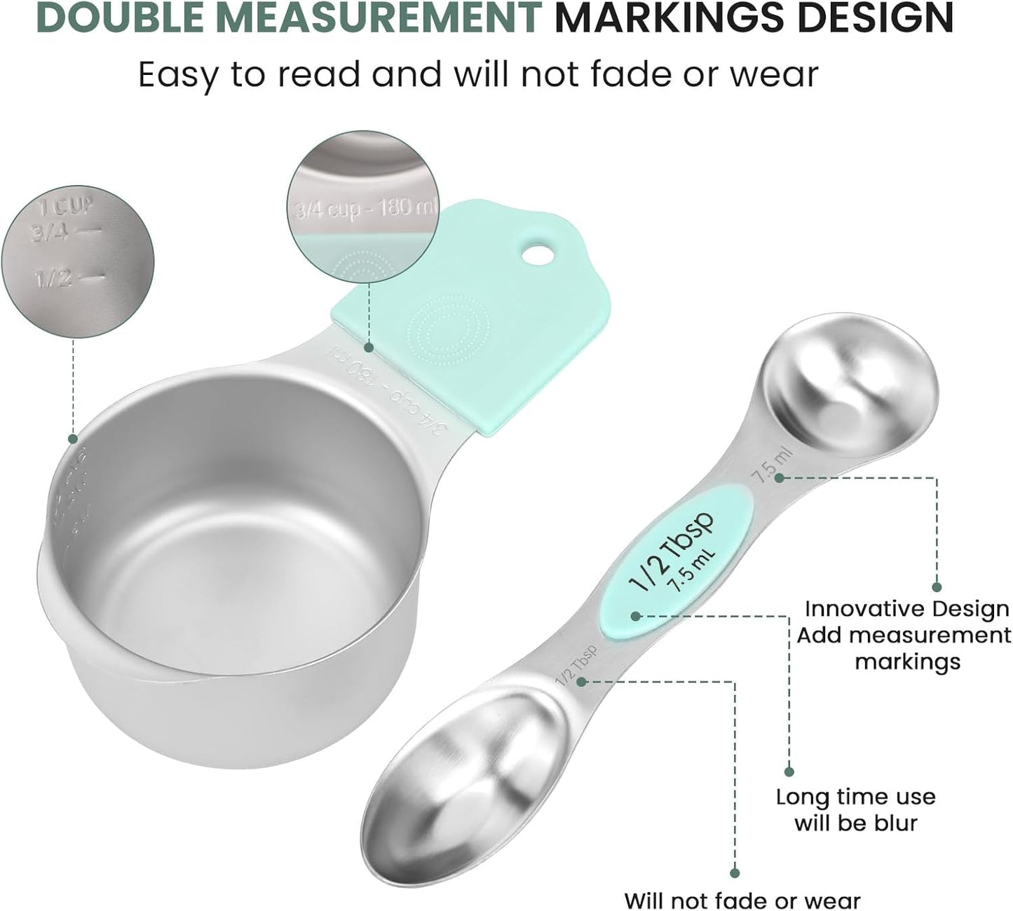 Magnetic Measuring Cups and Spoons Set-Heavy Duty 304 Stainless Steel，Double Measurement Markings，Set of 16 with Leveler for Measure Dry and Liquid Ingredients (Black)
